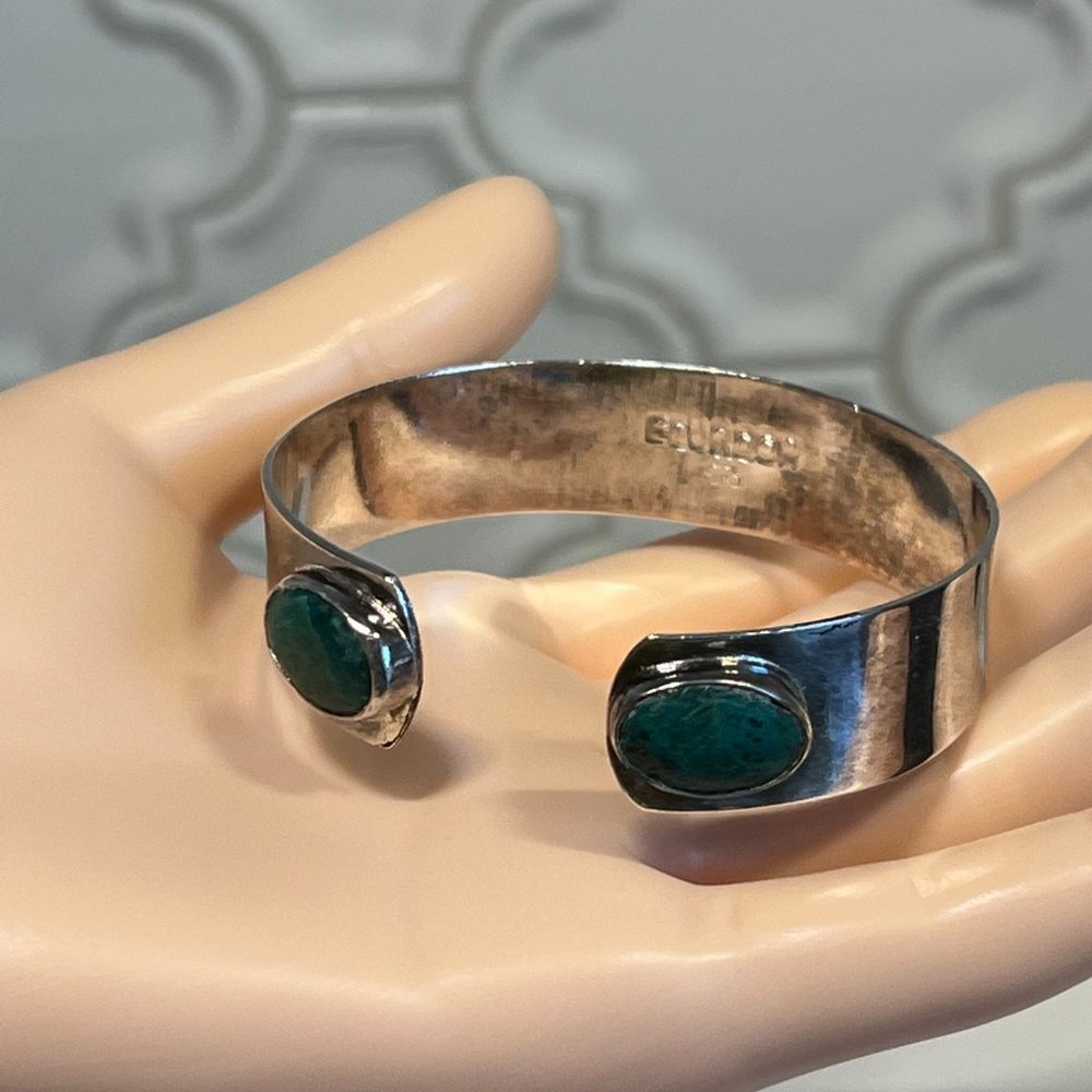 Vintage Ecuador 925 Sterling Silver Turquoise Stone Inlay Cuff Bracelet